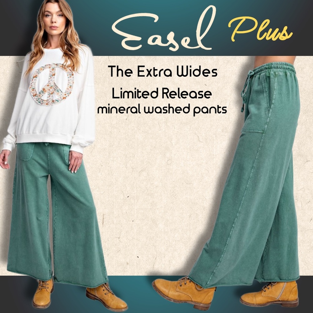 EASEL "Extra Wides" Mineral Washed Cotton Wide Flared Leg Pants, Pockets Raw Hem